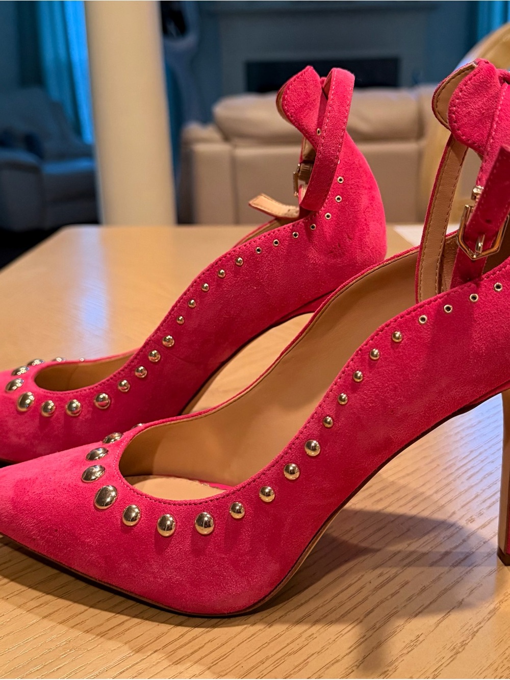Sam Edelman Pink Studded Suede Pointed Toe Ankle Strap Flats - Picture 3 of 7